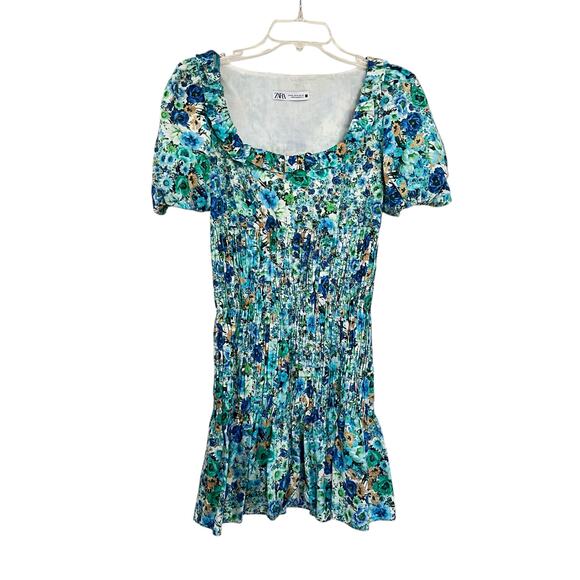 Zara Blue Floral Print Short Sleeve Smocked Square Neck Flare Mini Dress Size XS - Picture 3 of 11